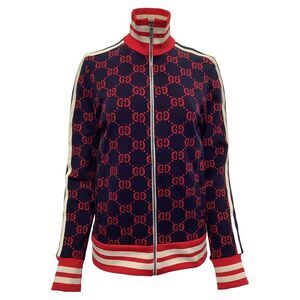 Gucci GG Jacquard Bomber Jacket in Navy Blue Cotton